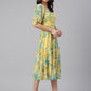 Janasya Women's Yellow Georgette Floral Printed Flared Western Dress - Swadesiicart