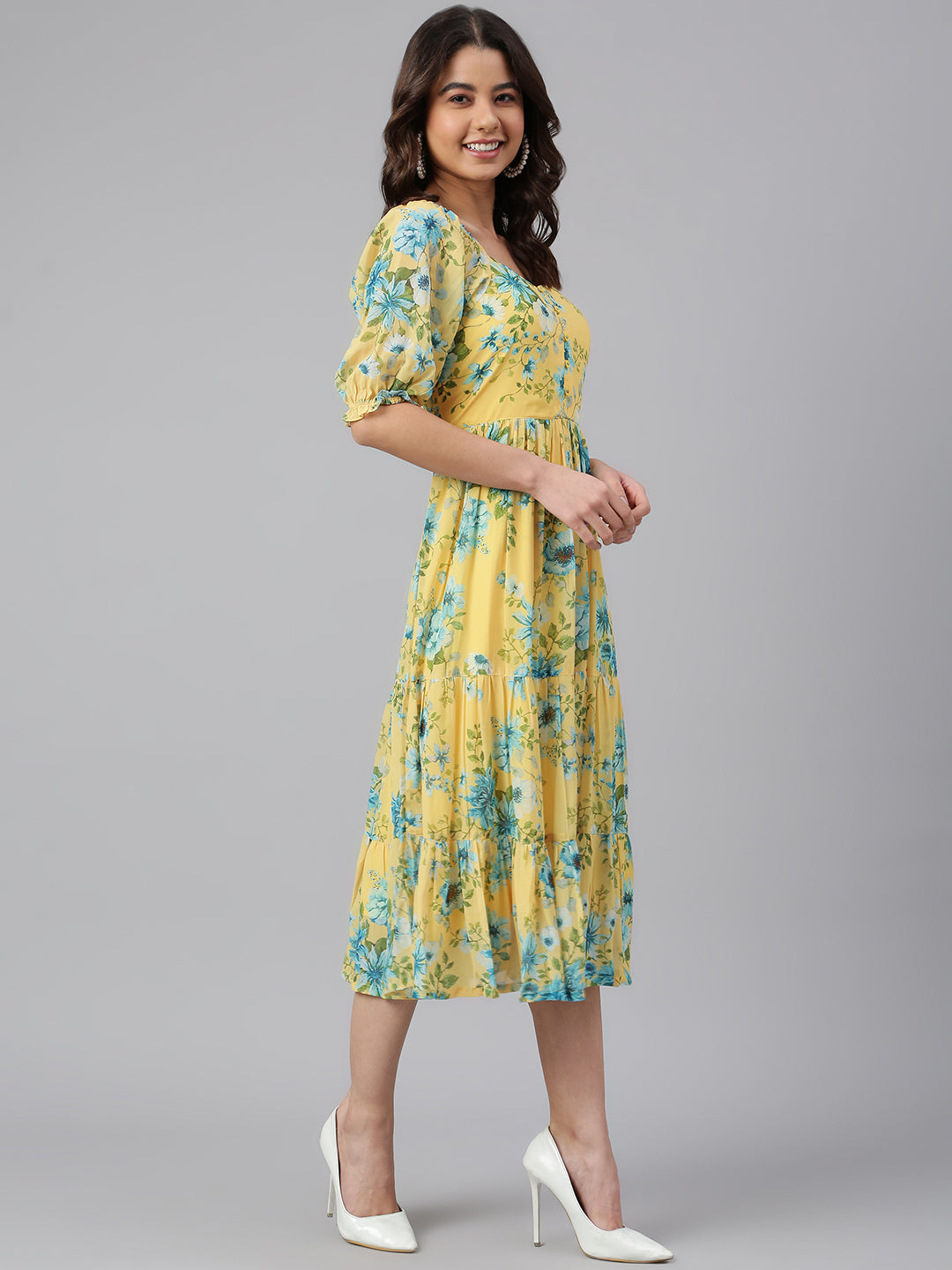 Janasya Women's Yellow Georgette Floral Printed Flared Western Dress - Swadesiicart