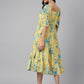 Janasya Women's Yellow Georgette Floral Printed Flared Western Dress - Swadesiicart