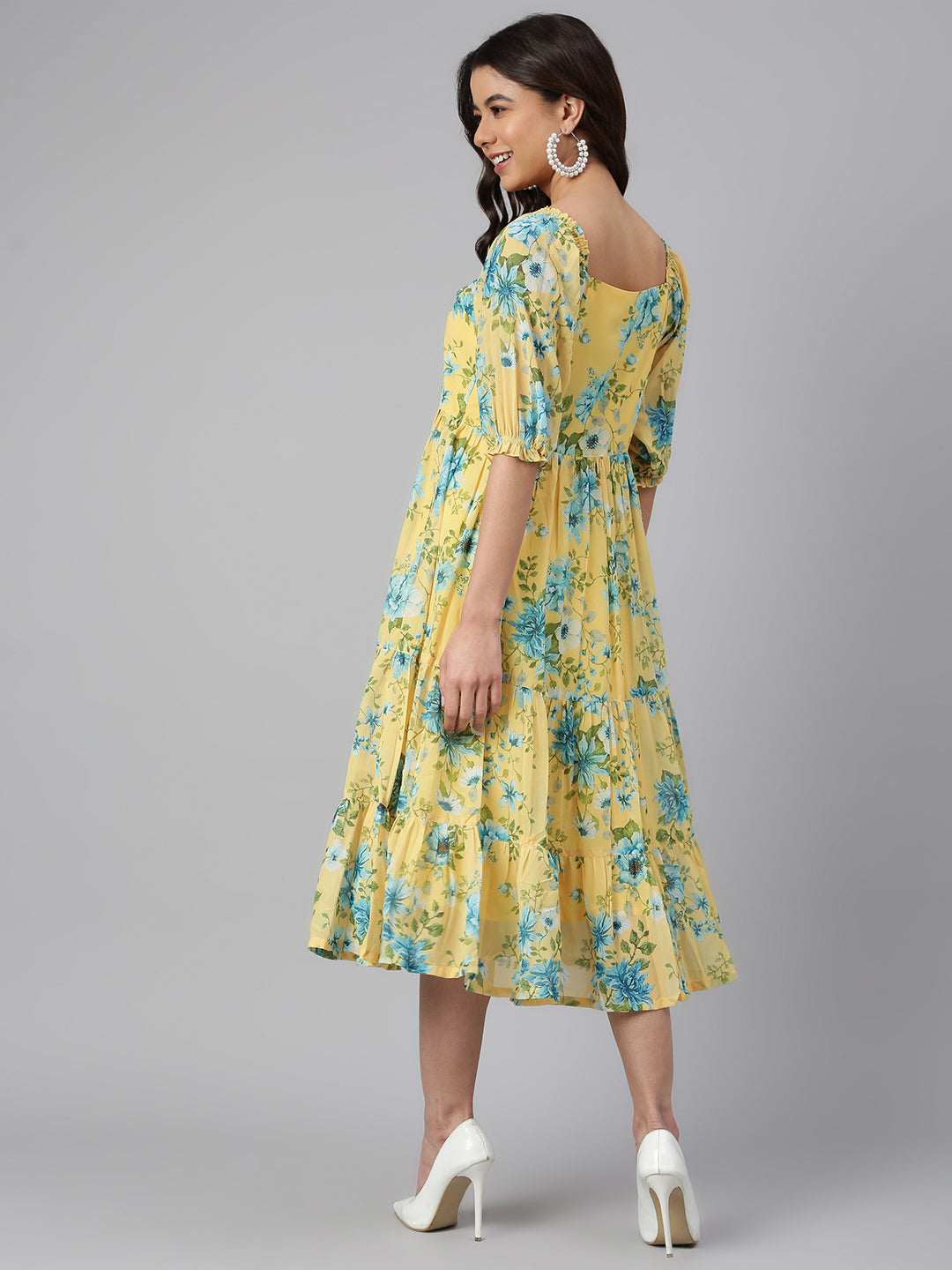 Janasya Women's Yellow Georgette Floral Printed Flared Western Dress - Swadesiicart