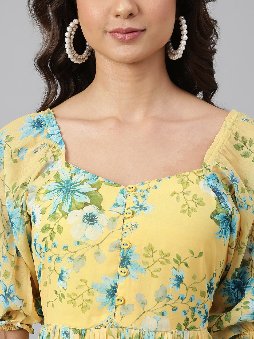 Janasya Women's Yellow Georgette Floral Printed Flared Western Dress - Swadesiicart