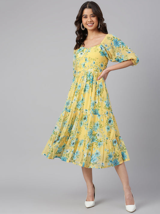 Janasya Women's Yellow Georgette Floral Printed Flared Western Dress - Thread Bucket Studio LLP