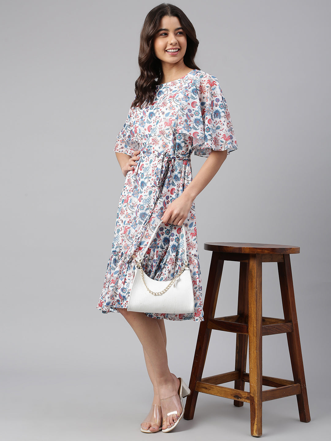 Janasya Women's White Georgette Floral Printed Flared Western Dress | Swadesiicart