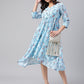 Janasya Women's Sky Blue Georgette Floral Printed Asymmetric Western Dress | Swadesiicart