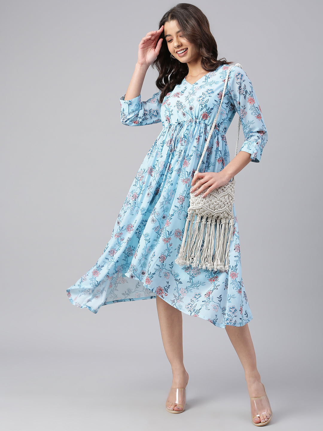 Janasya Women's Sky Blue Georgette Floral Printed Asymmetric Western Dress | Swadesiicart