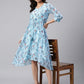 Janasya Women's Sky Blue Georgette Floral Printed Asymmetric Western Dress | Swadesiicart