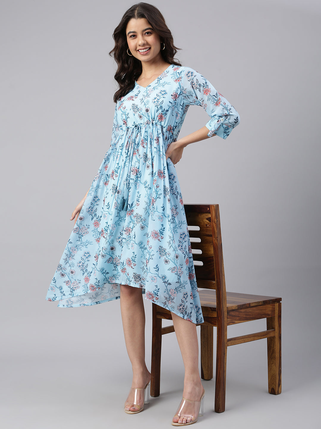 Janasya Women's Sky Blue Georgette Floral Printed Asymmetric Western Dress | Swadesiicart