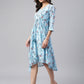 Janasya Women's Sky Blue Georgette Floral Printed Asymmetric Western Dress | Swadesiicart