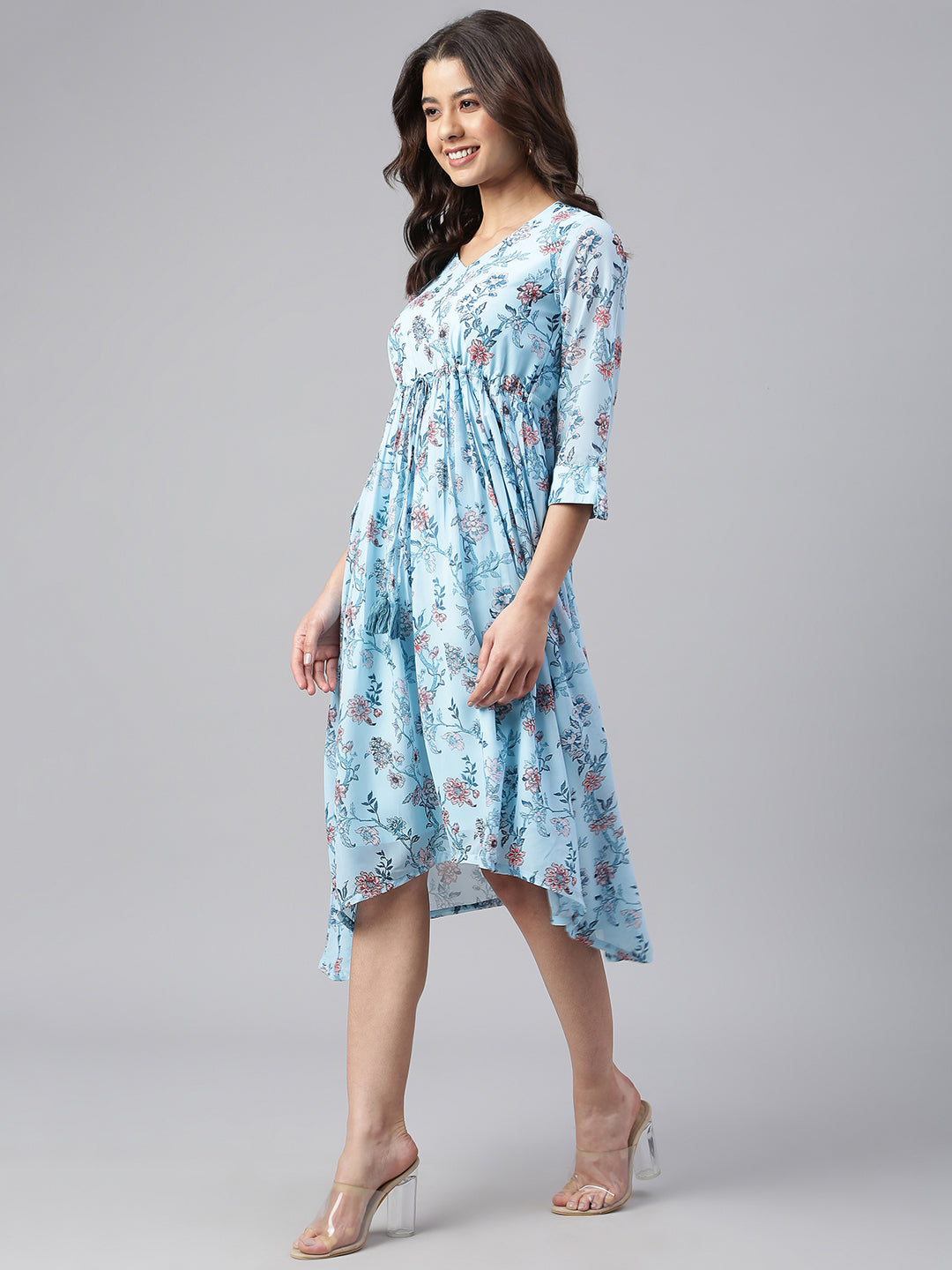 Janasya Women's Sky Blue Georgette Floral Printed Asymmetric Western Dress | Swadesiicart