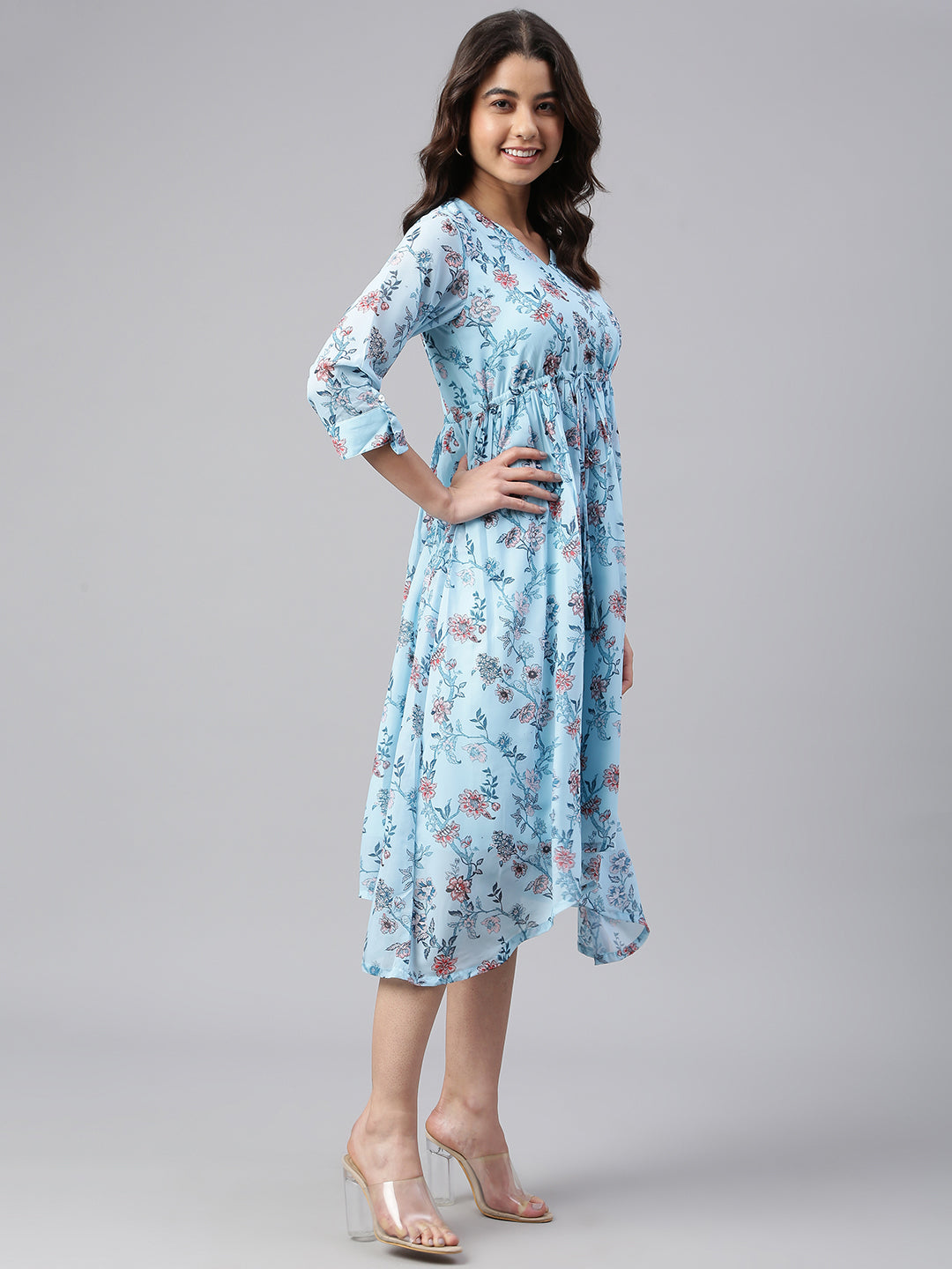 Janasya Women's Sky Blue Georgette Floral Printed Asymmetric Western Dress | Swadesiicart