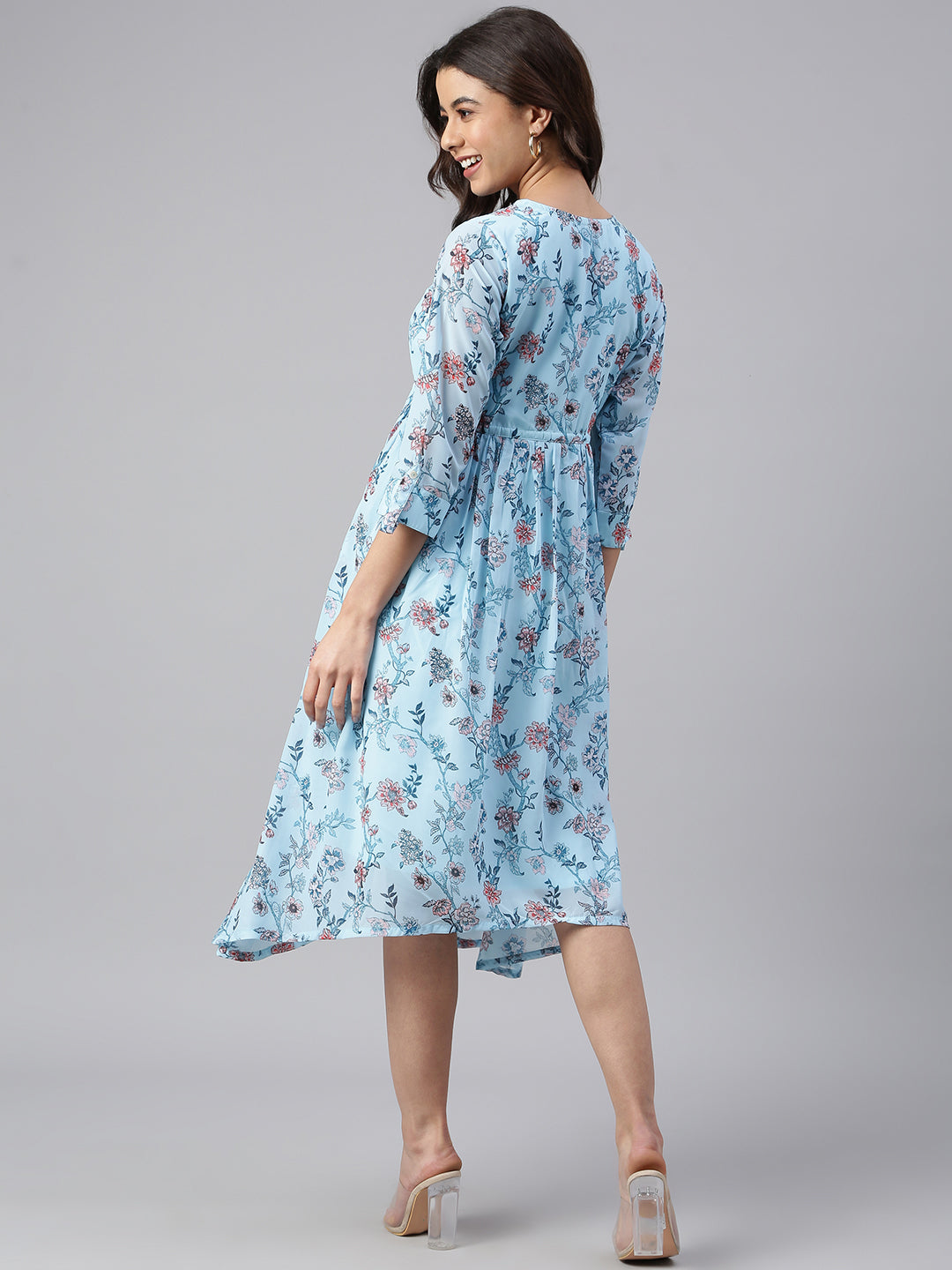 Janasya Women's Sky Blue Georgette Floral Printed Asymmetric Western Dress | Swadesiicart