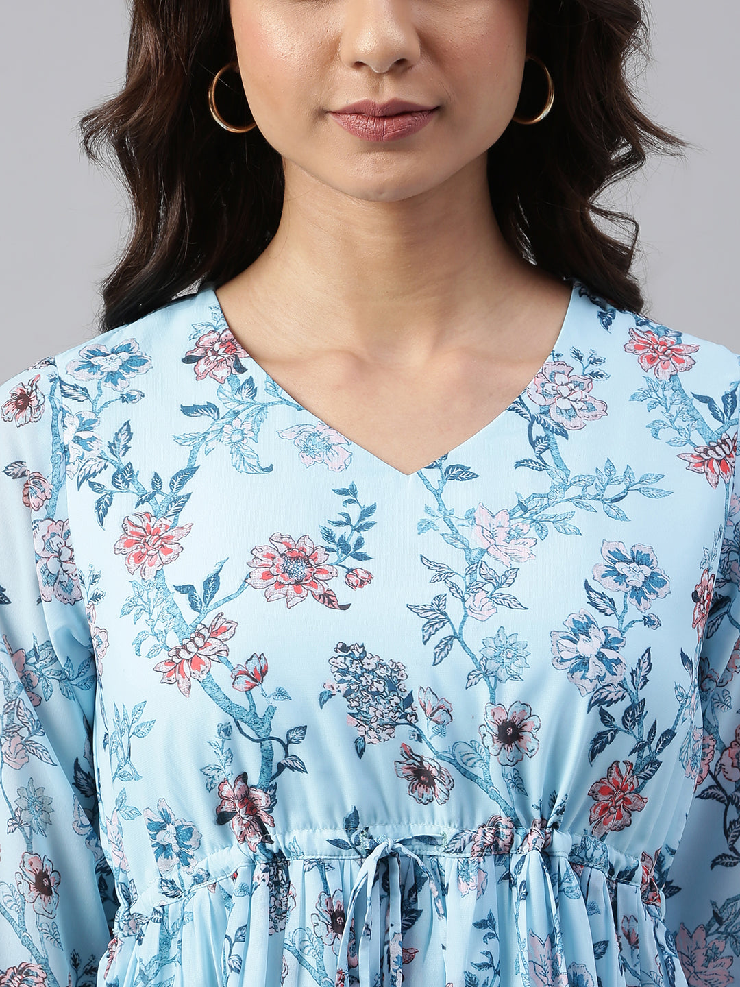 Janasya Women's Sky Blue Georgette Floral Printed Asymmetric Western Dress | Swadesiicart