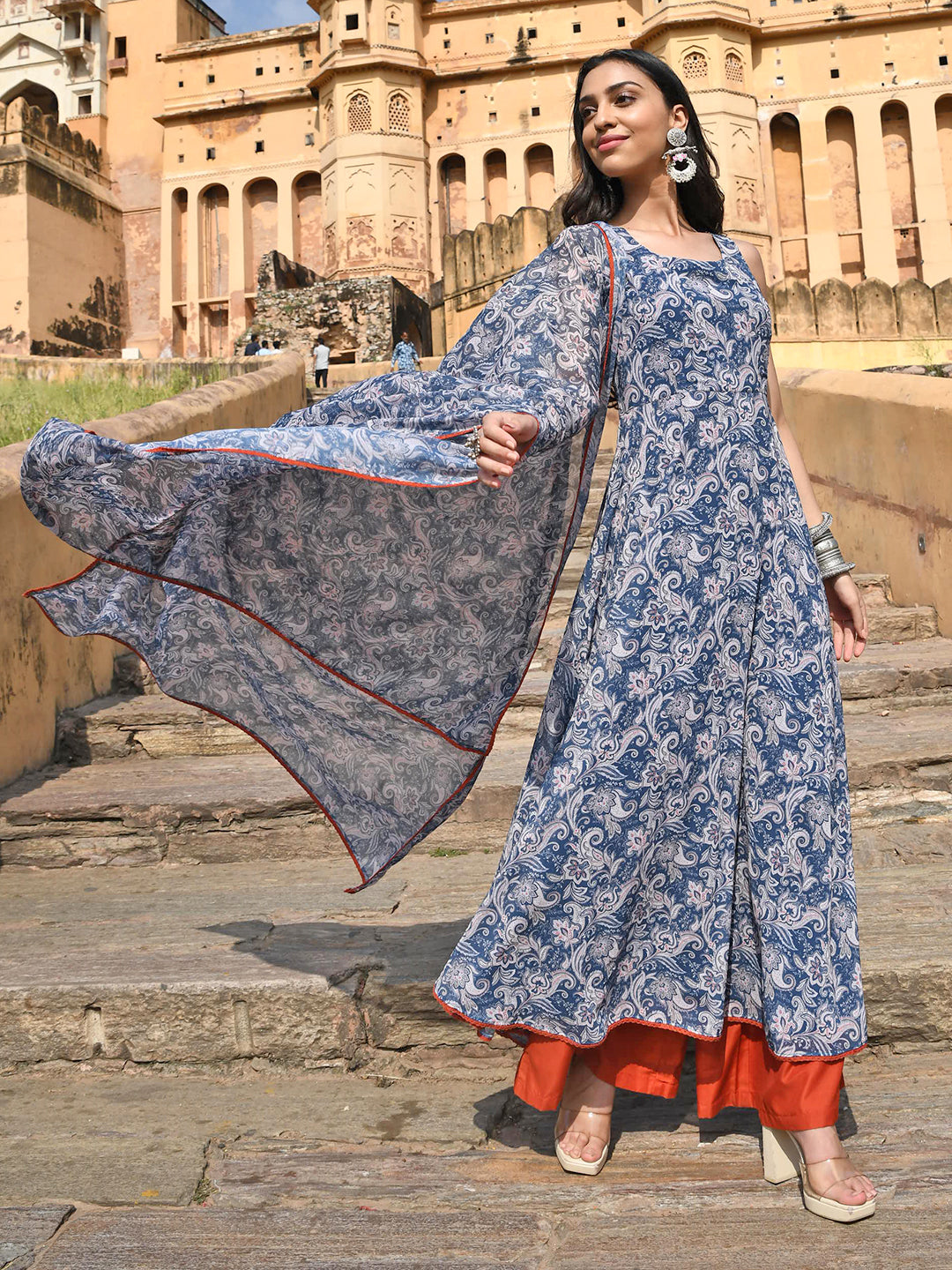 Janasya Women's Blue Georgette Floral Print Kurta With Flared Palazzo And Dupatta | Swadesiicart
