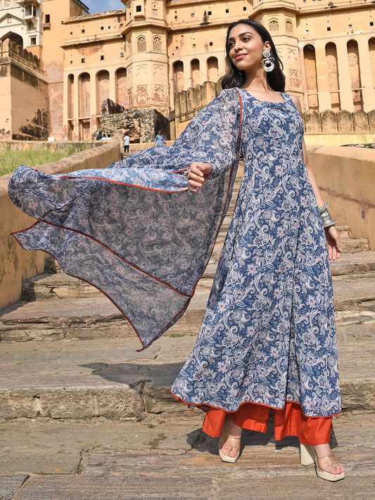 Janasya Women's Blue Georgette Floral Print Kurta With Flared Palazzo And Dupatta | Swadesiicart