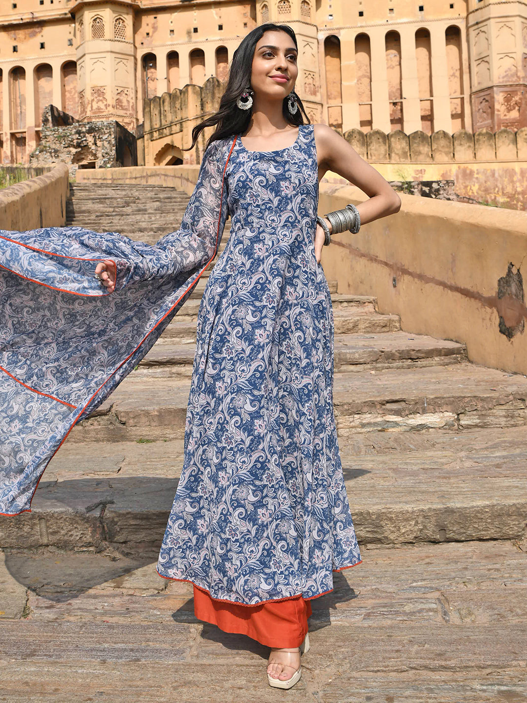 Janasya Women's Blue Georgette Floral Print Kurta With Flared Palazzo And Dupatta | Swadesiicart