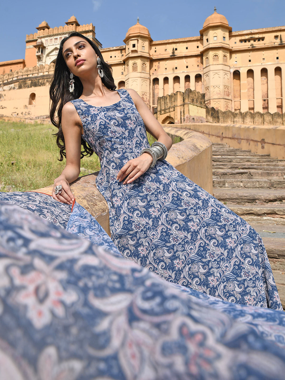 Janasya Women's Blue Georgette Floral Print Kurta With Flared Palazzo And Dupatta | Swadesiicart