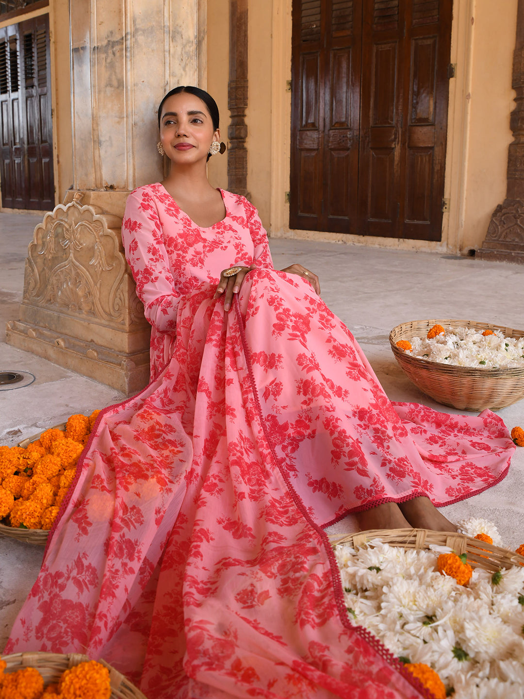 Janasya Women's Peach Georgette Floral Print Kurta With Flared Palazzo And Dupatta | Swadesiicart