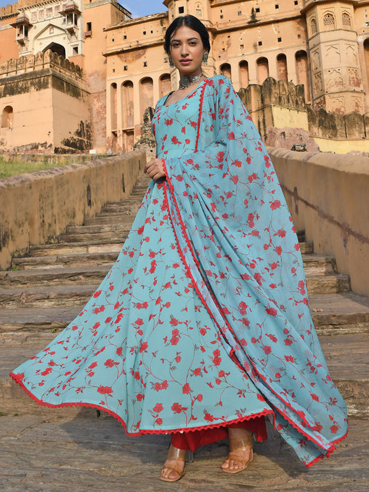 Janasya Women's Sea Green Georgette Floral Print Kurta With Flared Palazzo And Dupatta | Swadesiicart