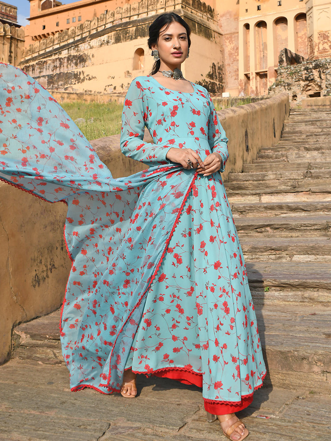 Janasya Women's Sea Green Georgette Floral Print Kurta With Flared Palazzo And Dupatta | Swadesiicart