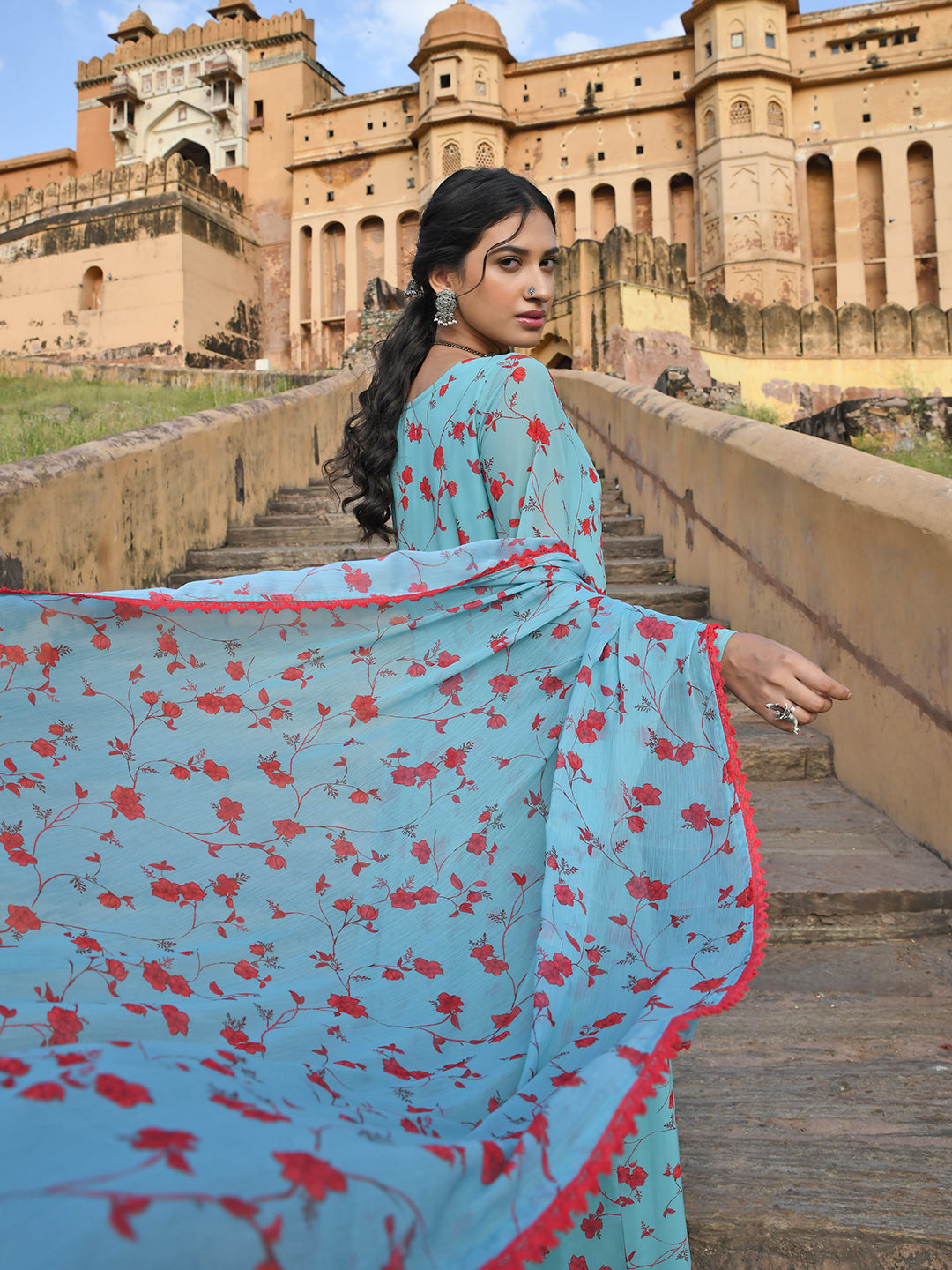 Janasya Women's Sea Green Georgette Floral Print Kurta With Flared Palazzo And Dupatta | Swadesiicart