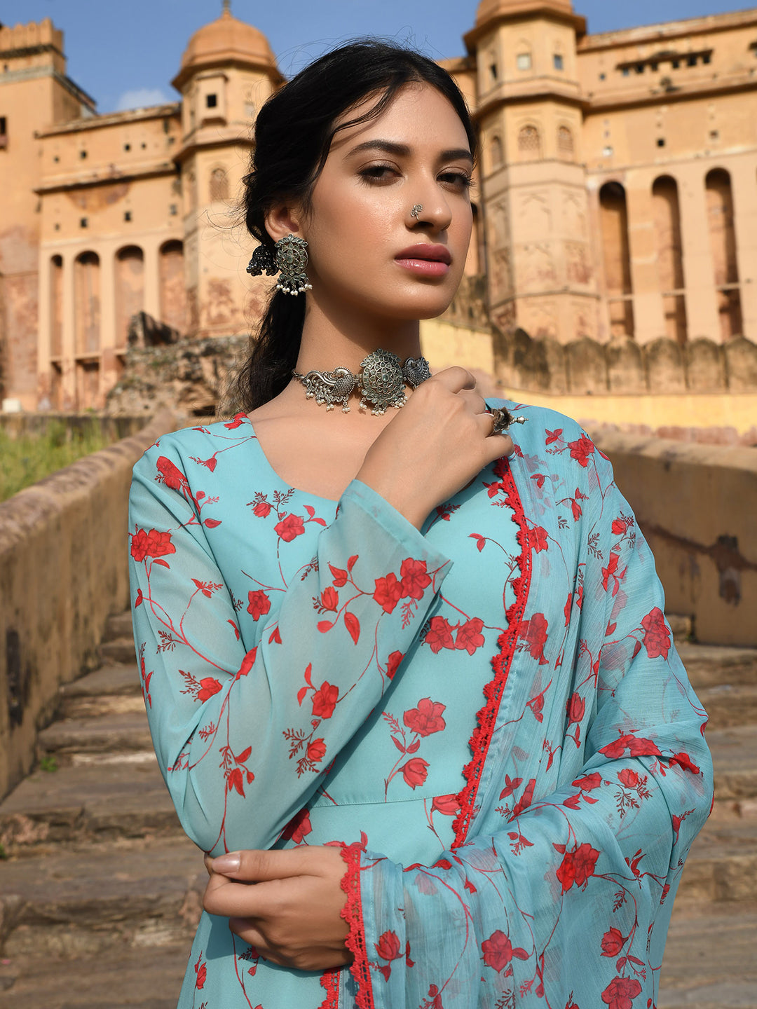Janasya Women's Sea Green Georgette Floral Print Kurta With Flared Palazzo And Dupatta | Swadesiicart