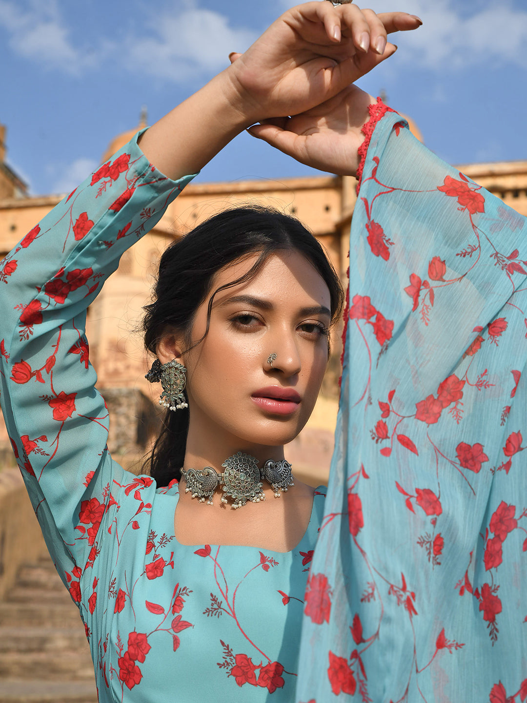 Janasya Women's Sea Green Georgette Floral Print Kurta With Flared Palazzo And Dupatta | Swadesiicart