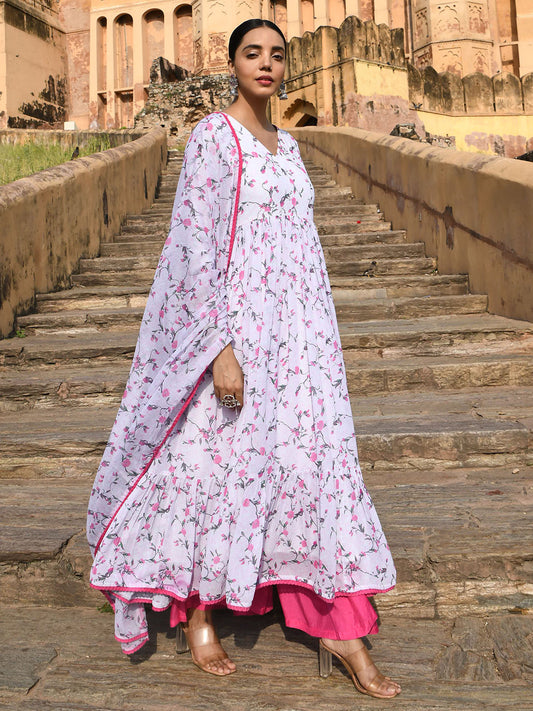 Janasya Women's White Georgette Floral Print Kurta With Flared Palazzo And Dupatta | Swadesiicart