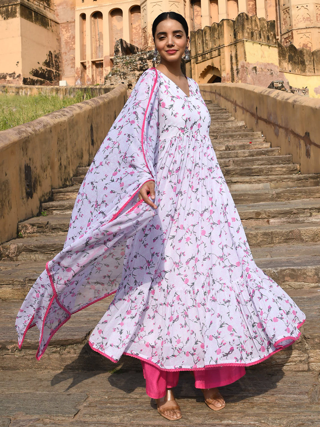 Janasya Women's White Georgette Floral Print Kurta With Flared Palazzo And Dupatta | Swadesiicart