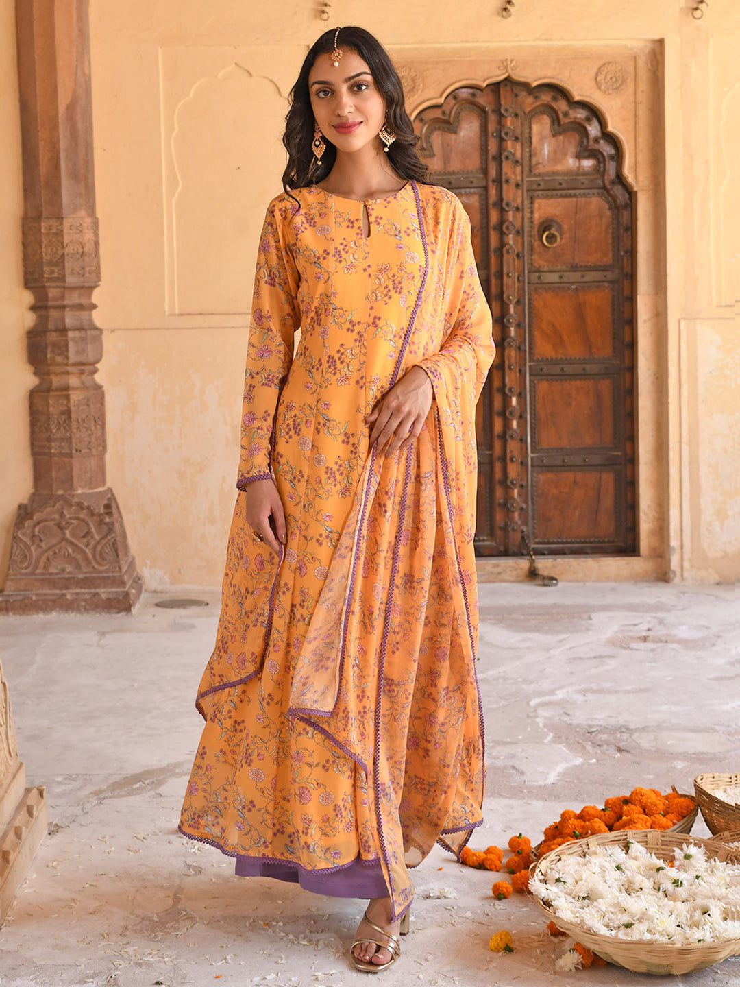 Janasya Women's Yellow Georgette Floral Print Kurta With Flared Palazzo And Dupatta | Swadesiicart