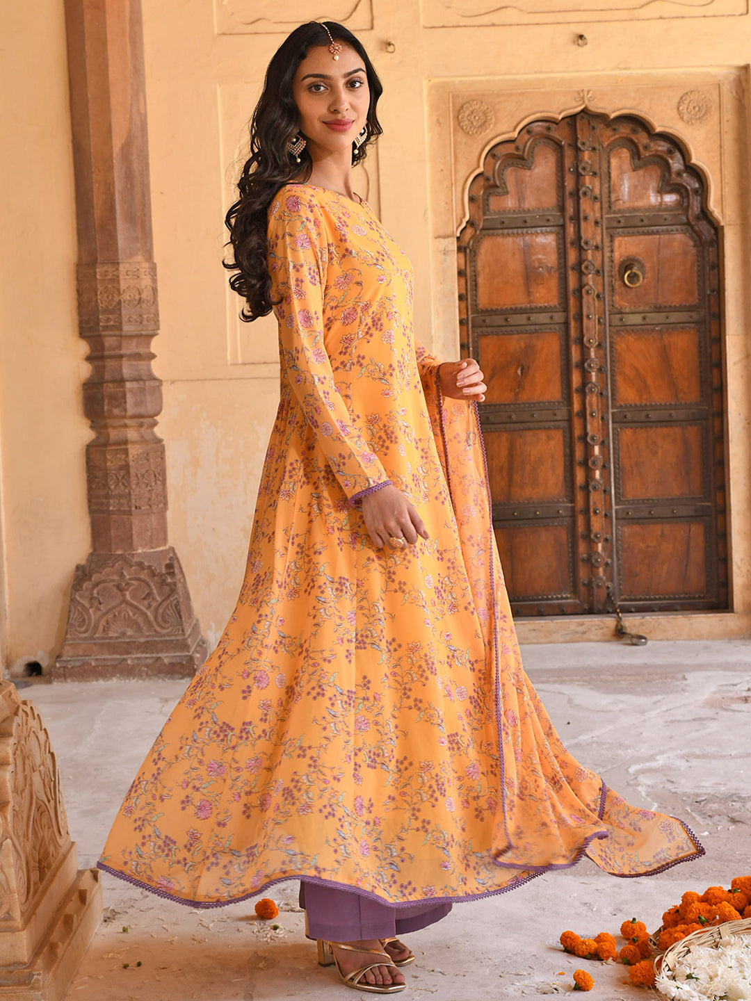 Janasya Women's Yellow Georgette Floral Print Kurta With Flared Palazzo And Dupatta | Swadesiicart