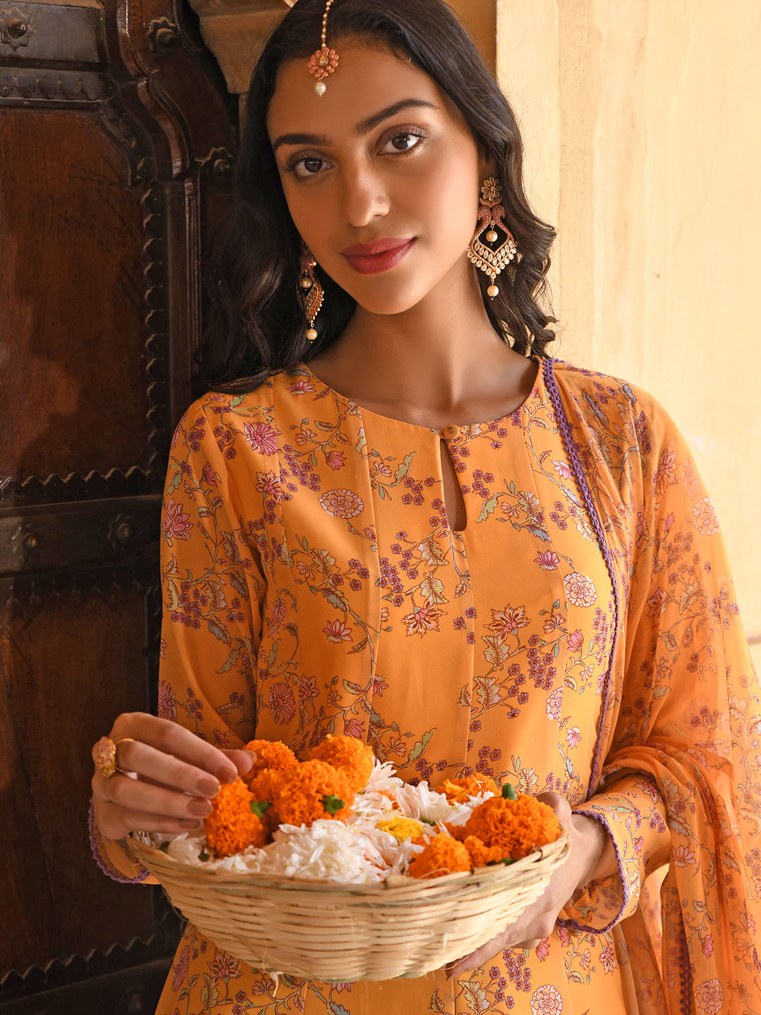 Janasya Women's Yellow Georgette Floral Print Kurta With Flared Palazzo And Dupatta | Swadesiicart
