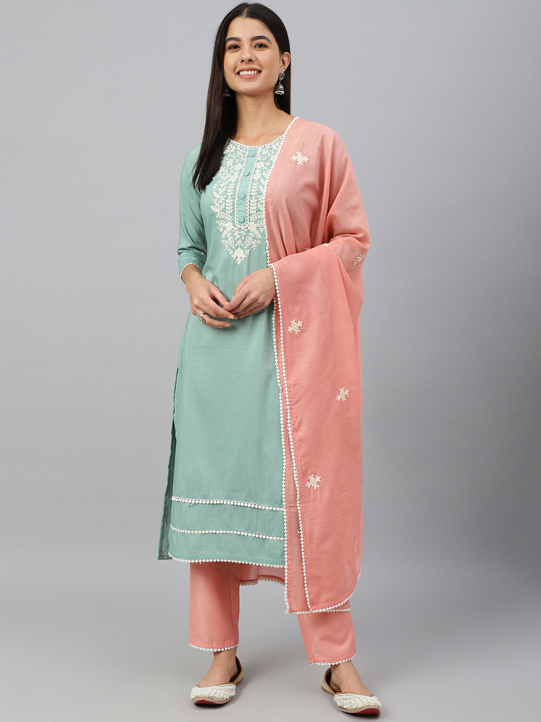 Janasya Women's Green Poly Silk Embroidered Kurta With Pant And Dupatta | Swadesiicart