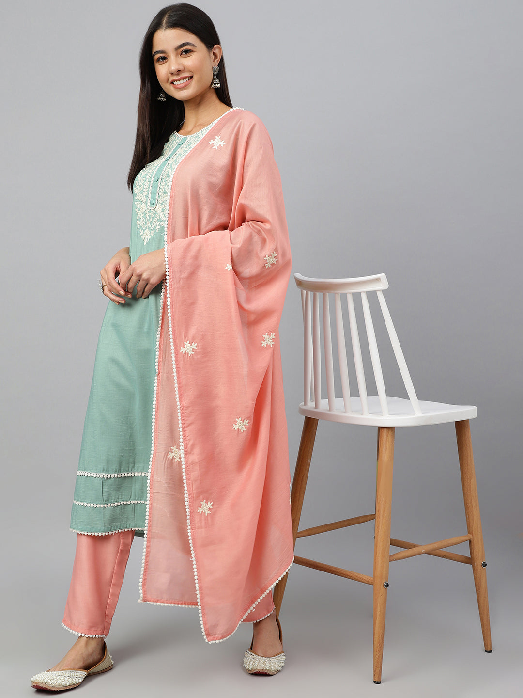 Janasya Women's Green Poly Silk Embroidered Kurta With Pant And Dupatta | Swadesiicart