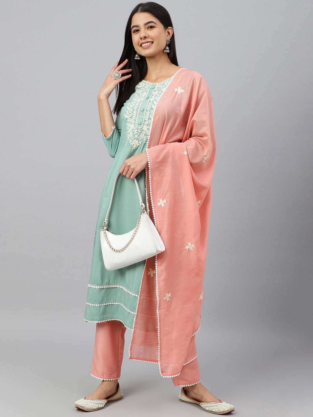 Janasya Women's Green Poly Silk Embroidered Kurta With Pant And Dupatta | Swadesiicart