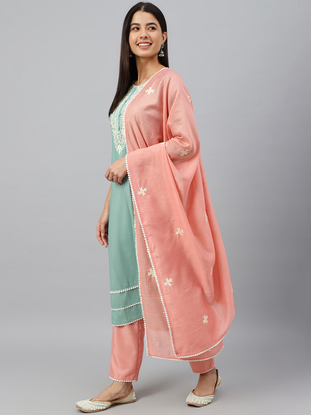 Janasya Women's Green Poly Silk Embroidered Kurta With Pant And Dupatta | Swadesiicart
