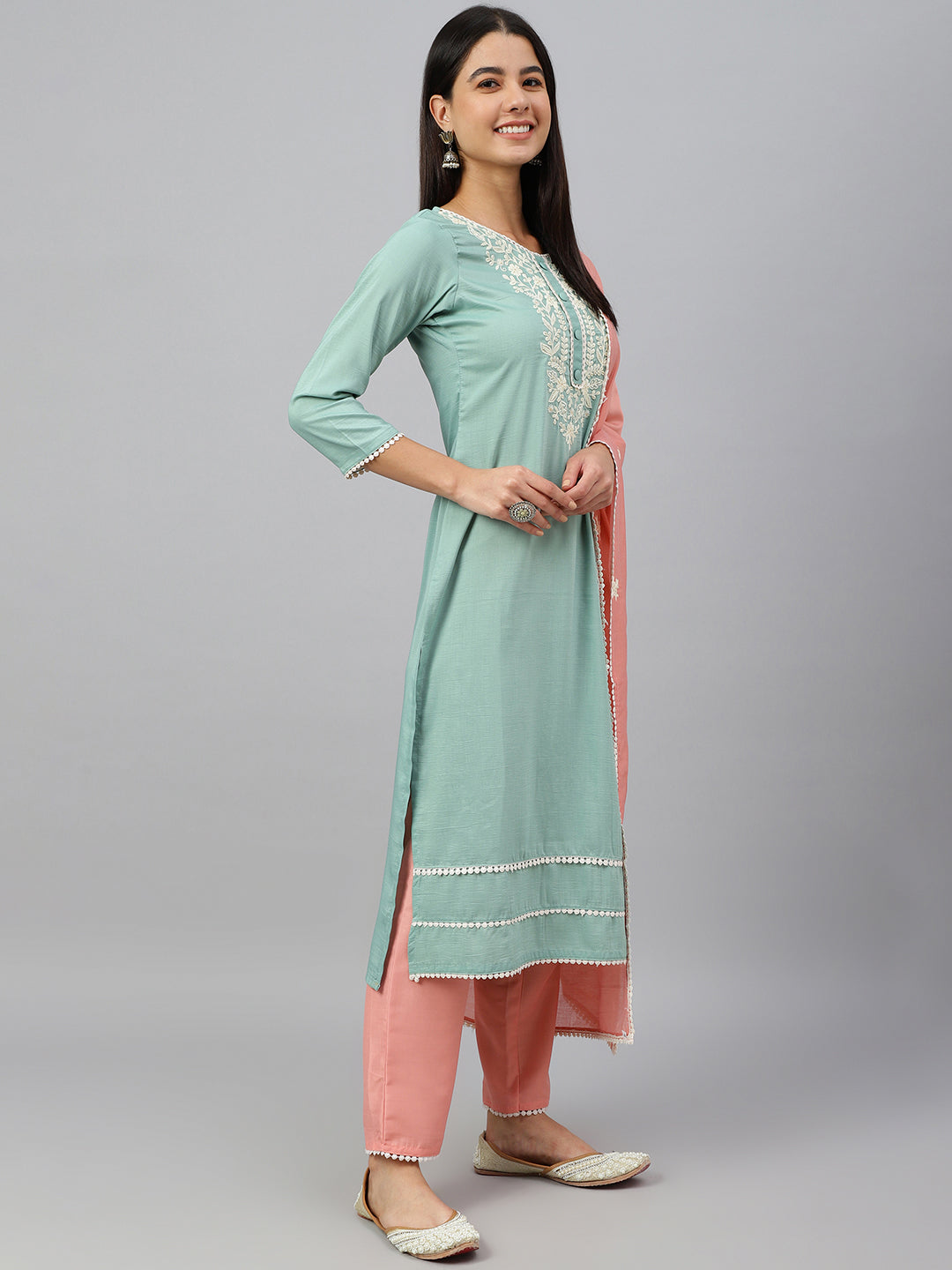 Janasya Women's Green Poly Silk Embroidered Kurta With Pant And Dupatta | Swadesiicart