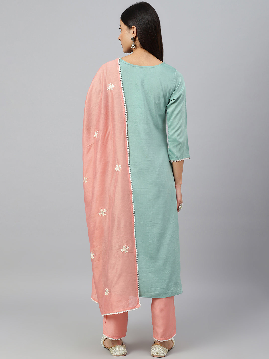 Janasya Women's Green Poly Silk Embroidered Kurta With Pant And Dupatta | Swadesiicart