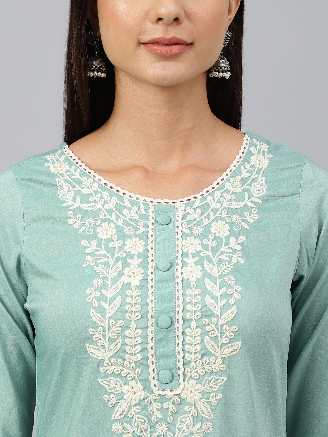 Janasya Women's Green Poly Silk Embroidered Kurta With Pant And Dupatta | Swadesiicart