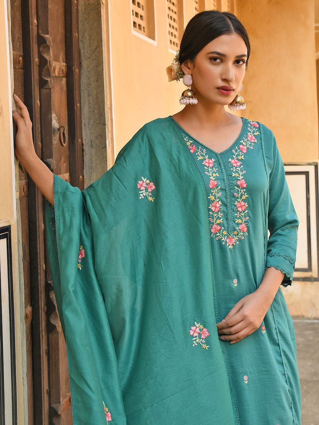 Janasya Women's Green Poly Silk Floral Embroidered Kurta With Pant And Dupatta | Swadesiicart