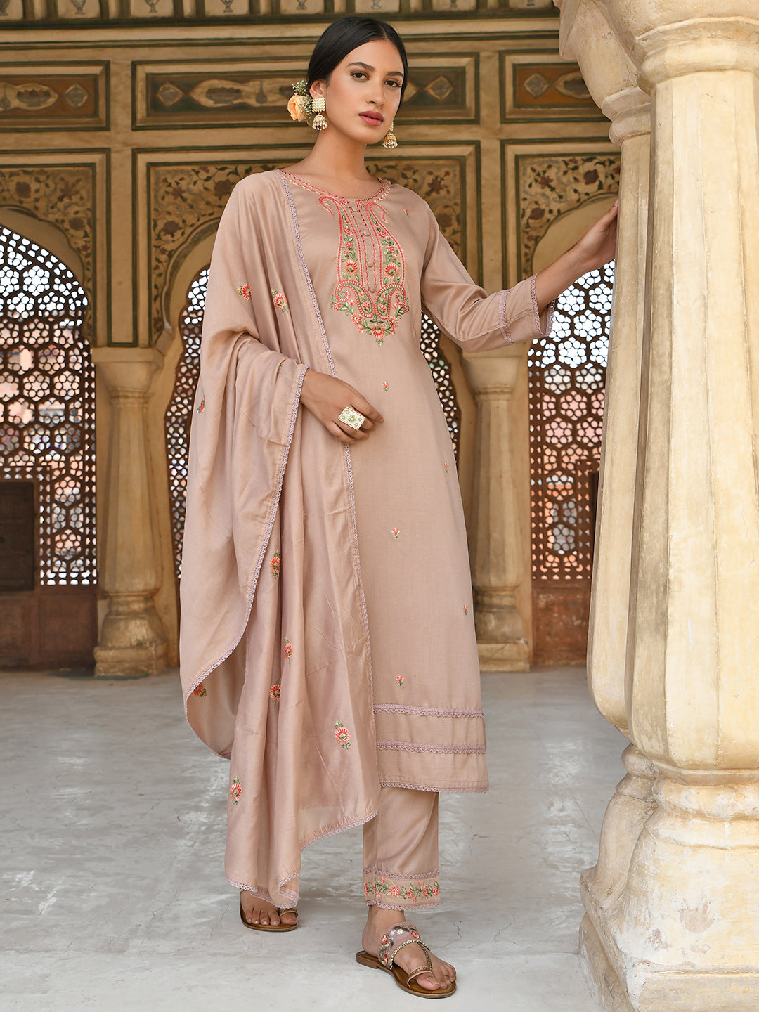 Janasya Women's Rose Gold Poly Silk Floral Embroidery Kurta With Pant And Dupatta | Swadesiicart