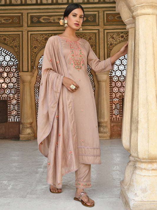 Janasya Women's Rose Gold Poly Silk Floral Embroidery Kurta With Pant And Dupatta | Swadesiicart