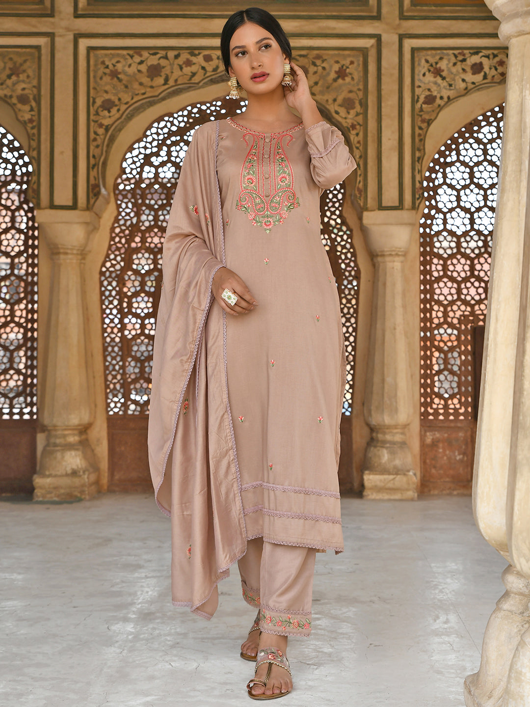 Janasya Women's Rose Gold Poly Silk Floral Embroidery Kurta With Pant And Dupatta | Swadesiicart