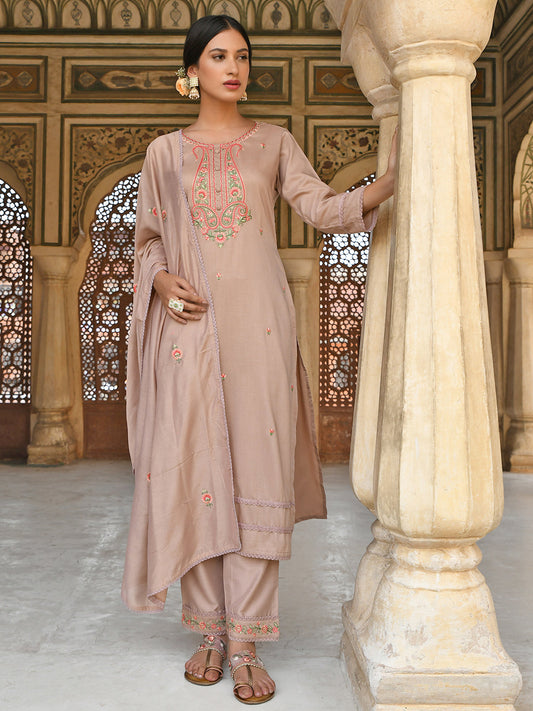 Janasya Women's Rose Gold Poly Silk Floral Embroidery Kurta With Pant And Dupatta | Swadesiicart