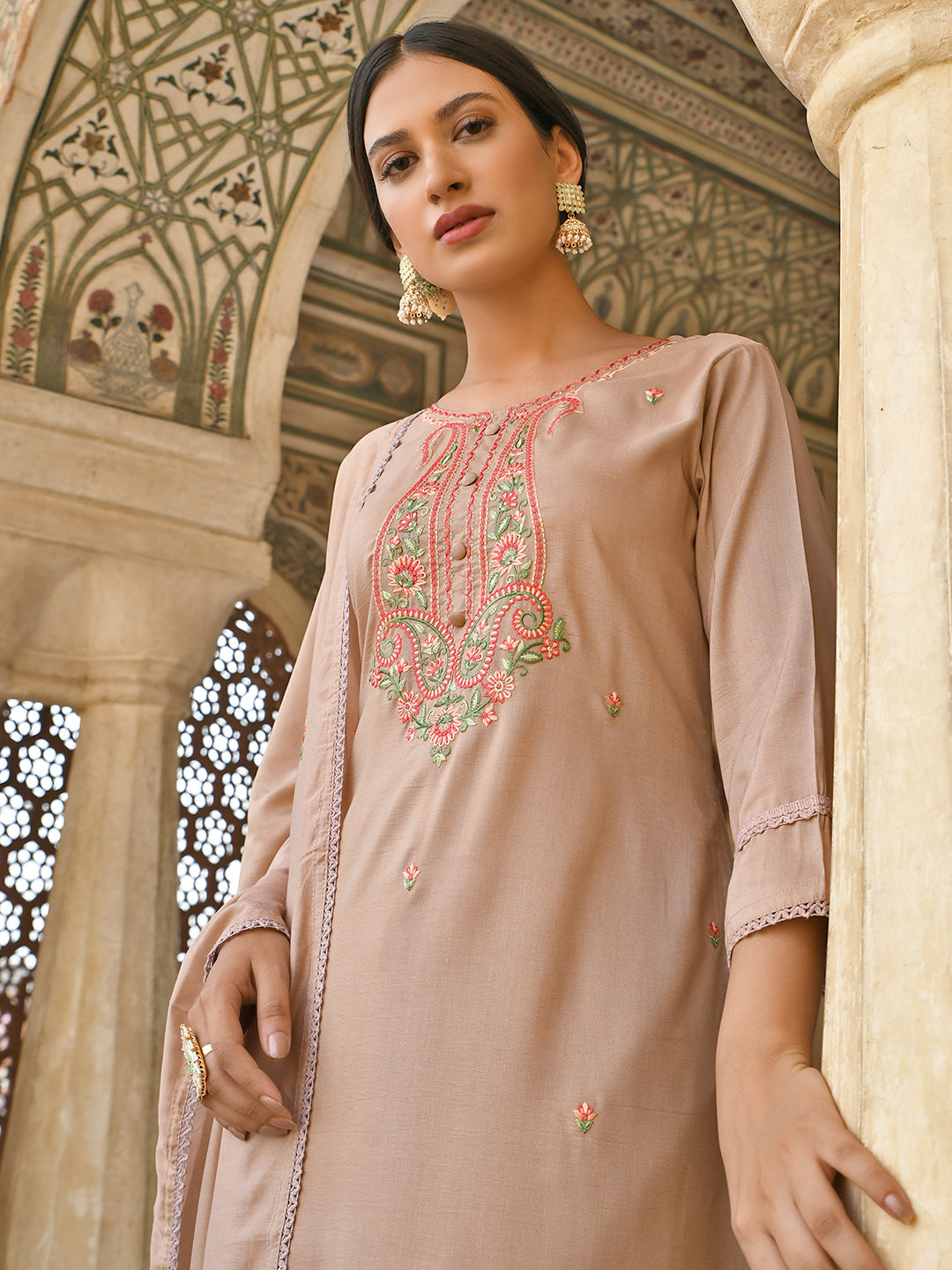 Janasya Women's Rose Gold Poly Silk Floral Embroidery Kurta With Pant And Dupatta | Swadesiicart