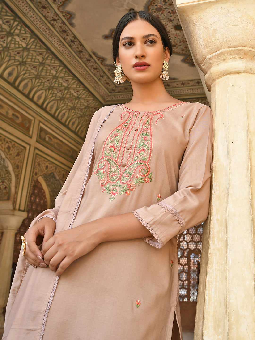 Janasya Women's Rose Gold Poly Silk Floral Embroidery Kurta With Pant And Dupatta | Swadesiicart