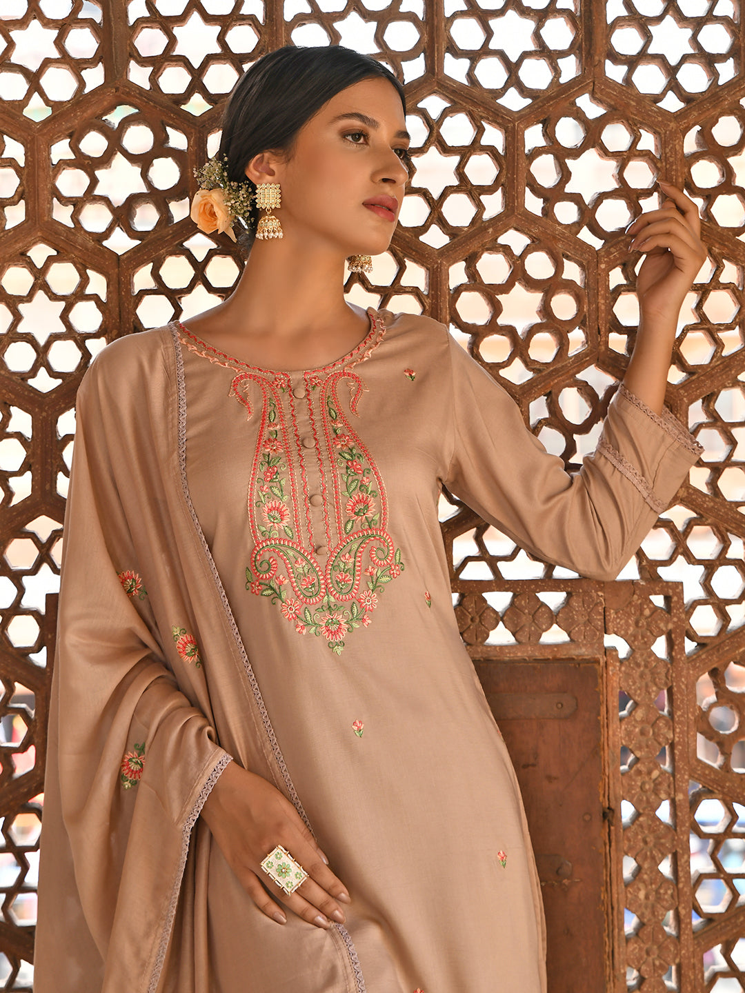 Janasya Women's Rose Gold Poly Silk Floral Embroidery Kurta With Pant And Dupatta | Swadesiicart