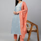 Janasya Women's Grey Poly Silk Floral Embroidery Kurta With Pant And Dupatta | Swadesiicart