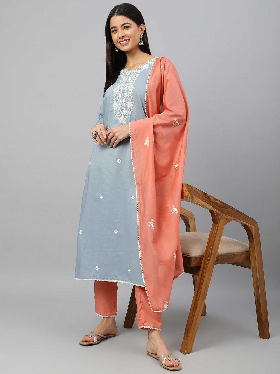 Janasya Women's Grey Poly Silk Floral Embroidery Kurta With Pant And Dupatta | Swadesiicart