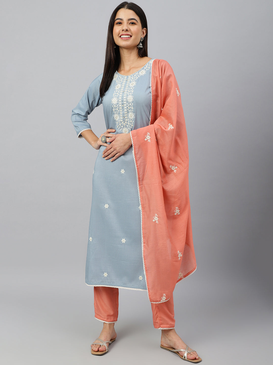 Janasya Women's Grey Poly Silk Floral Embroidery Kurta With Pant And Dupatta | Swadesiicart