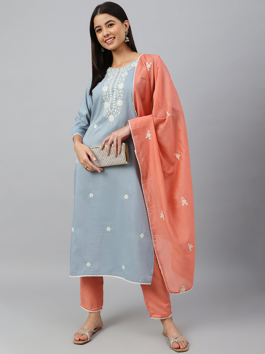 Janasya Women's Grey Poly Silk Floral Embroidery Kurta With Pant And Dupatta | Swadesiicart